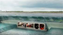 Digital render of the Fehmarnbelt tunnel in cross section under the sea