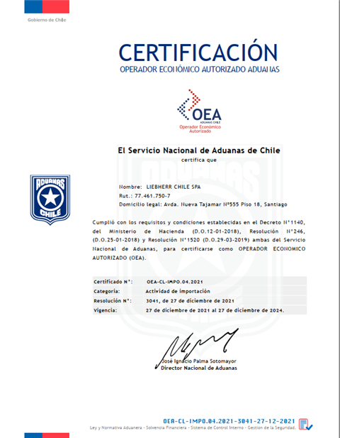 OEA certificado Liebherr