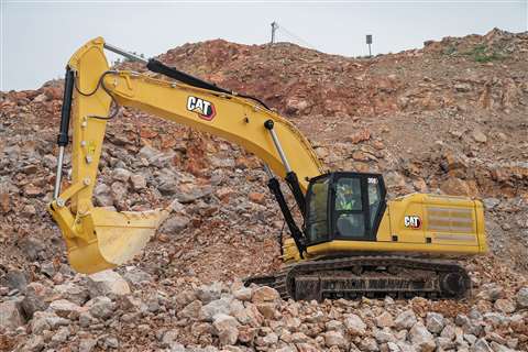 Caterpillar's 350 excavator at work in a quarry setting.